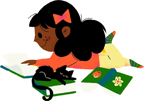 Illustration of a girl reading a book with a cat.